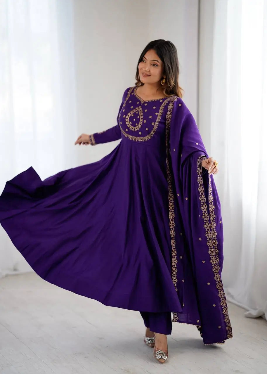 Roman Chanderi Silk Embroidered Anarkali Suit Set