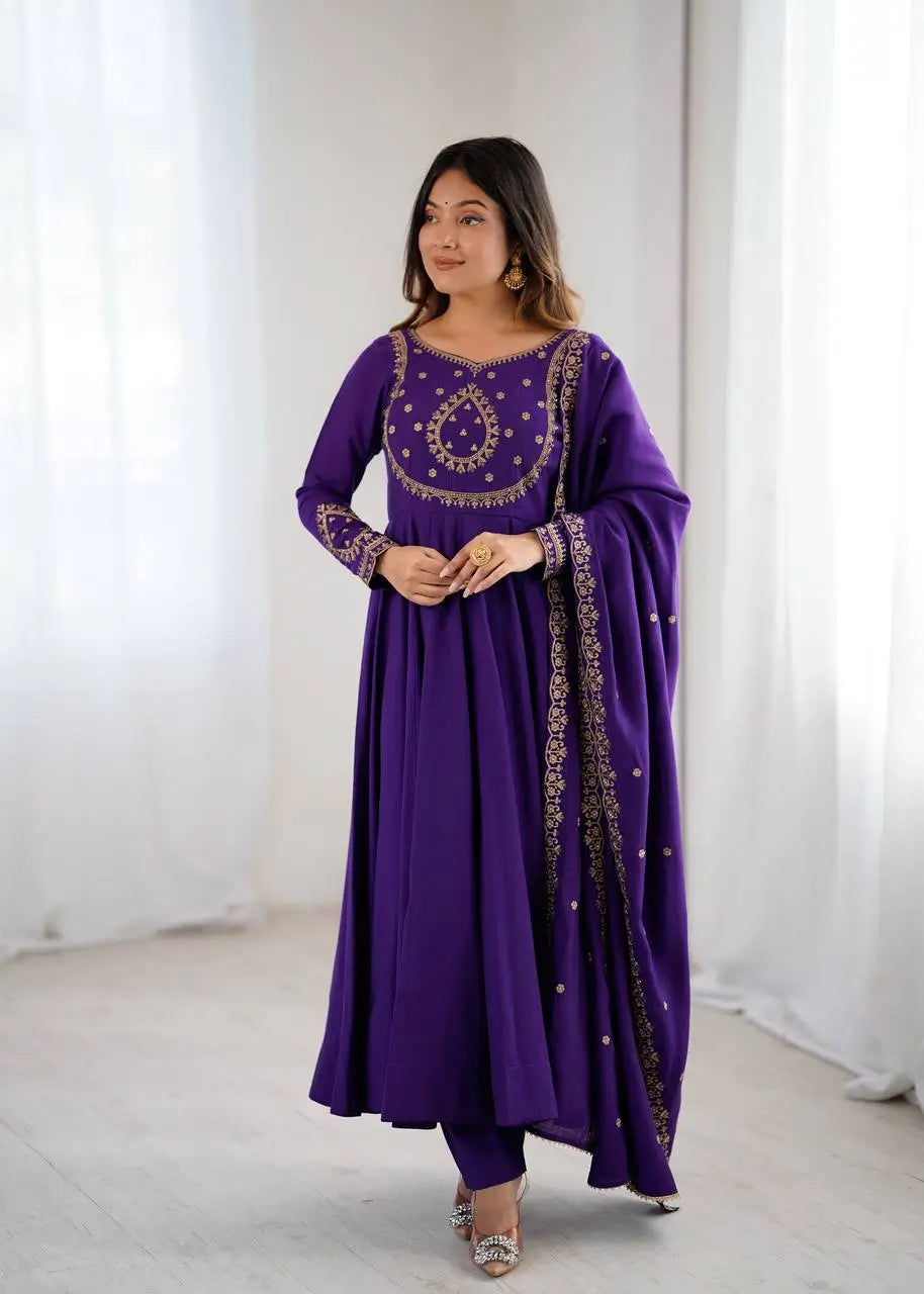 Roman Chanderi Silk Embroidered Anarkali Suit Set
