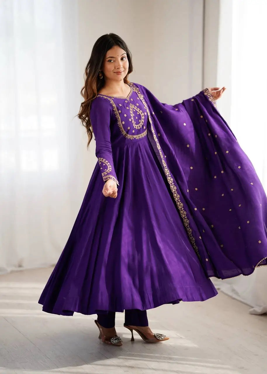 Roman Chanderi Silk Embroidered Anarkali Suit Set