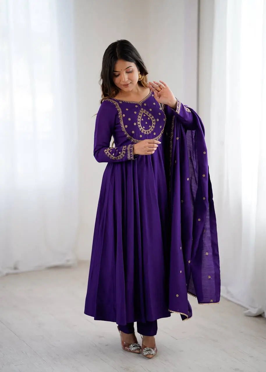 Roman Chanderi Silk Embroidered Anarkali Suit Set
