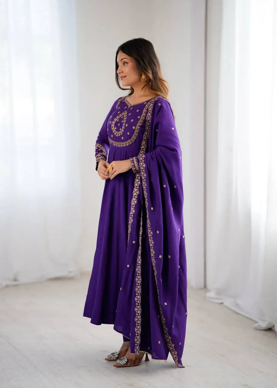 Roman Chanderi Silk Embroidered Anarkali Suit Set