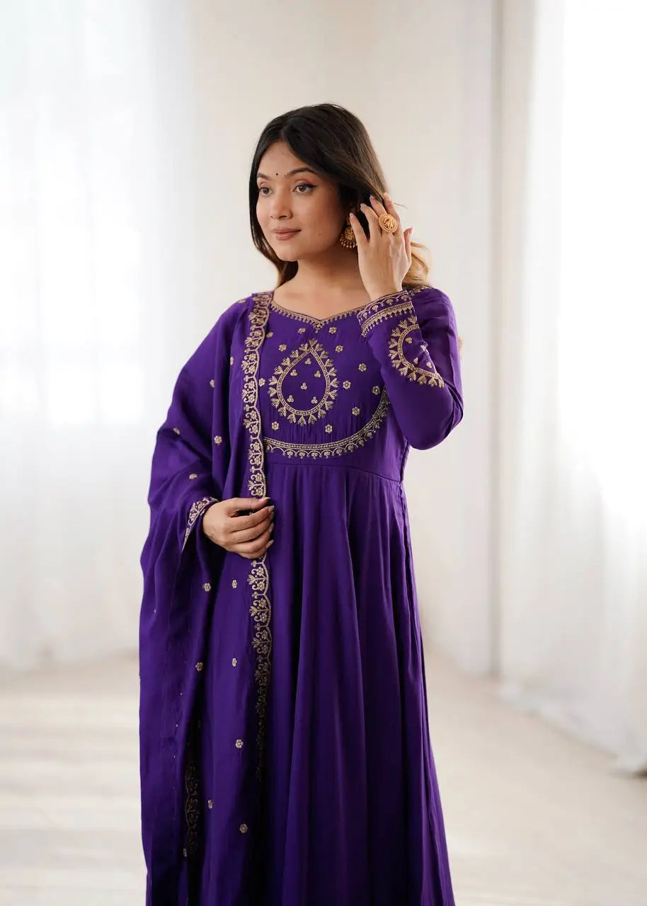 Roman Chanderi Silk Embroidered Anarkali Suit Set