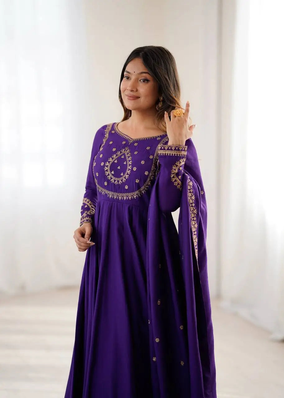 Roman Chanderi Silk Embroidered Anarkali Suit Set