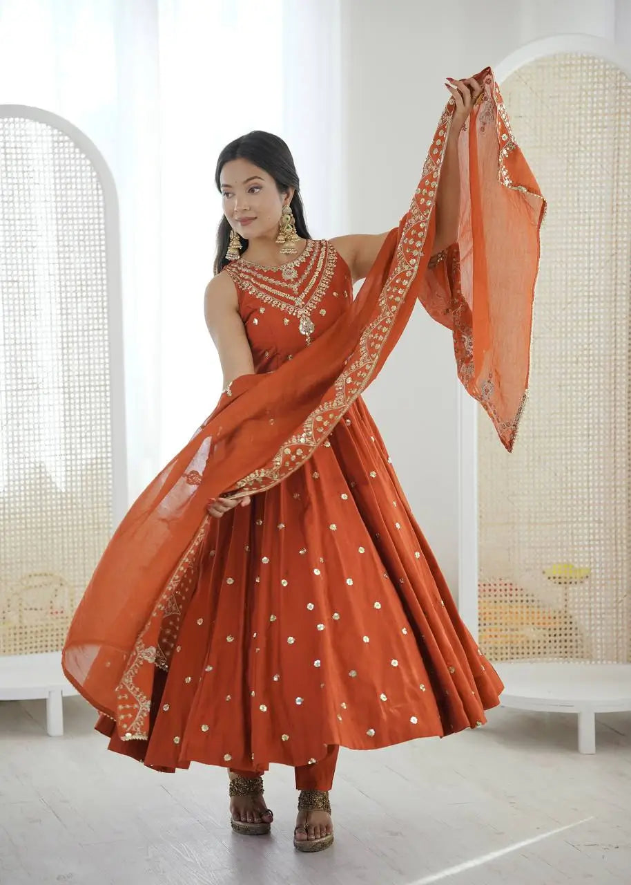 Roman Chanderi Silk Embroidered Anarkali Suit Set