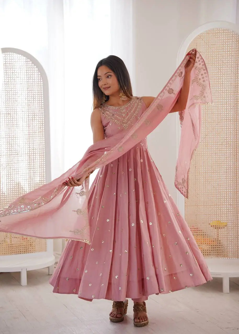 Roman Chanderi Silk Embroidered Anarkali Suit Set