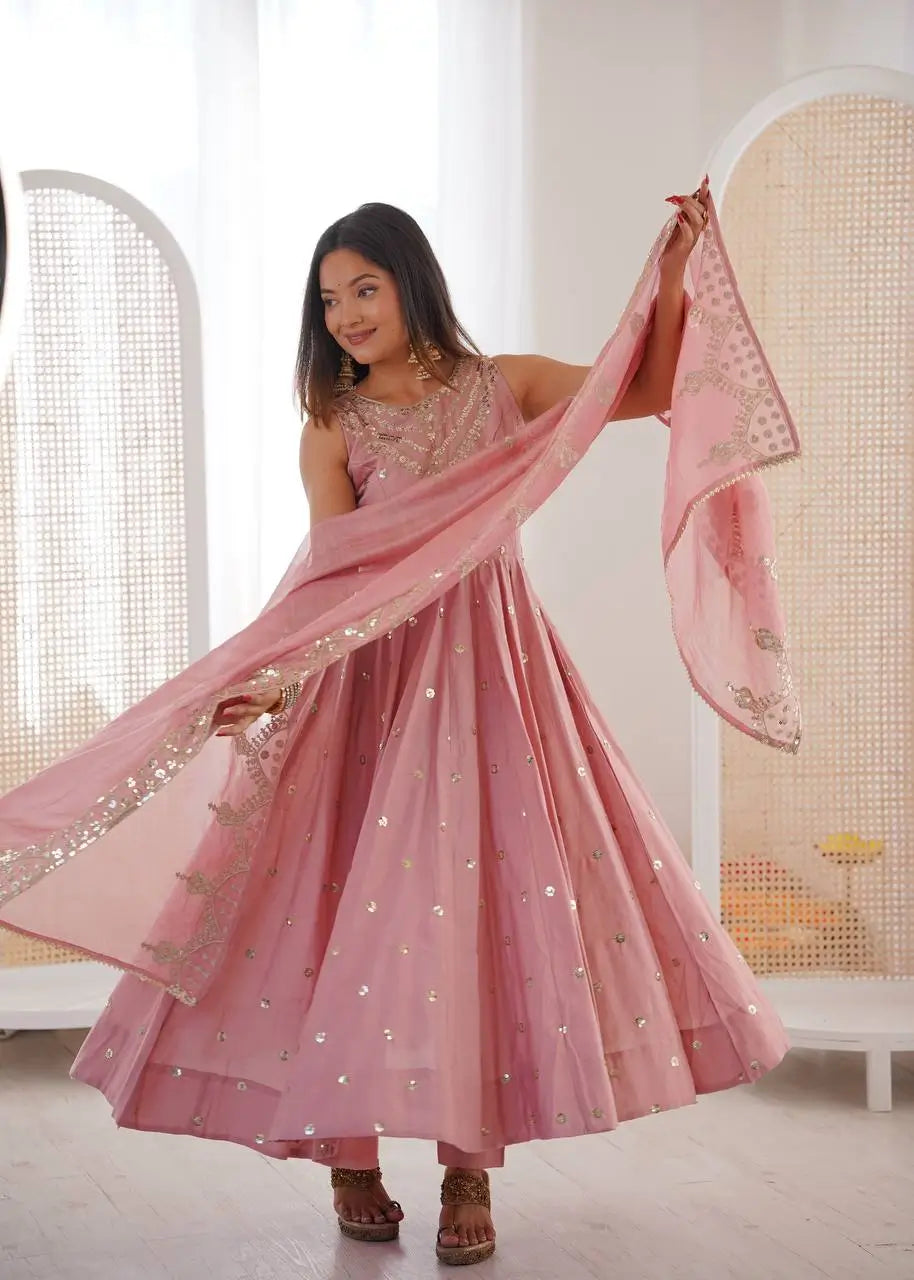 Roman Chanderi Silk Embroidered Anarkali Suit Set
