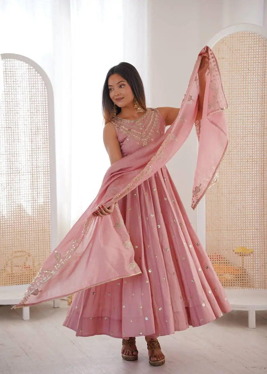 Roman Chanderi Silk Embroidered Anarkali Suit Set