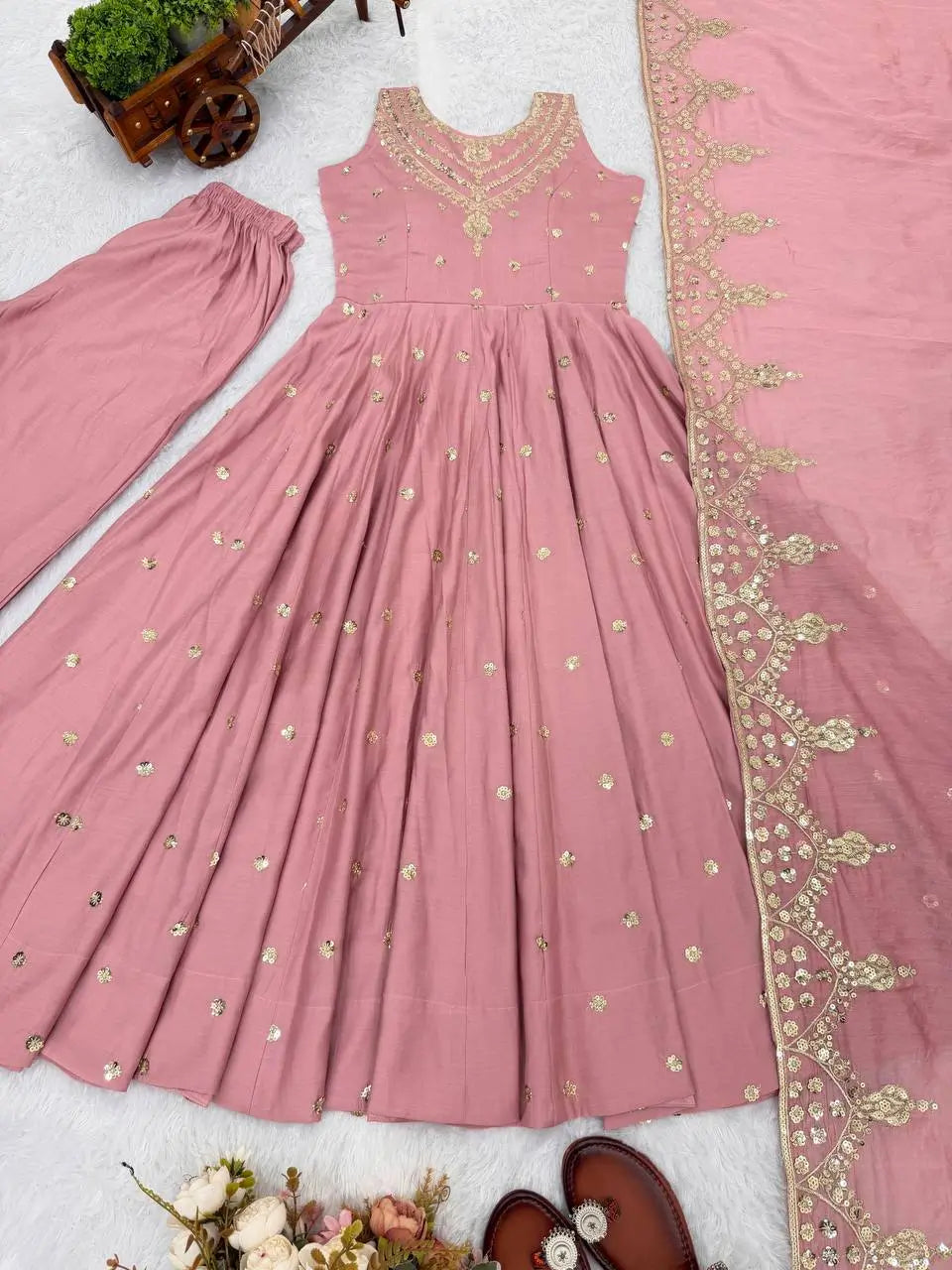 Roman Chanderi Silk Embroidered Anarkali Suit Set