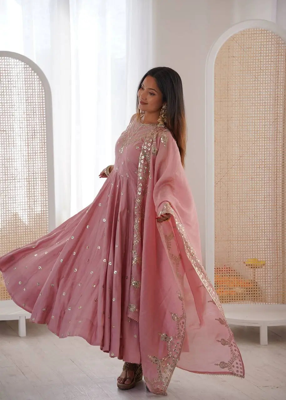 Roman Chanderi Silk Embroidered Anarkali Suit Set