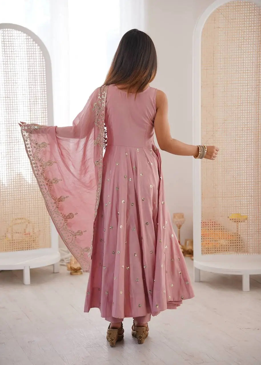 Roman Chanderi Silk Embroidered Anarkali Suit Set