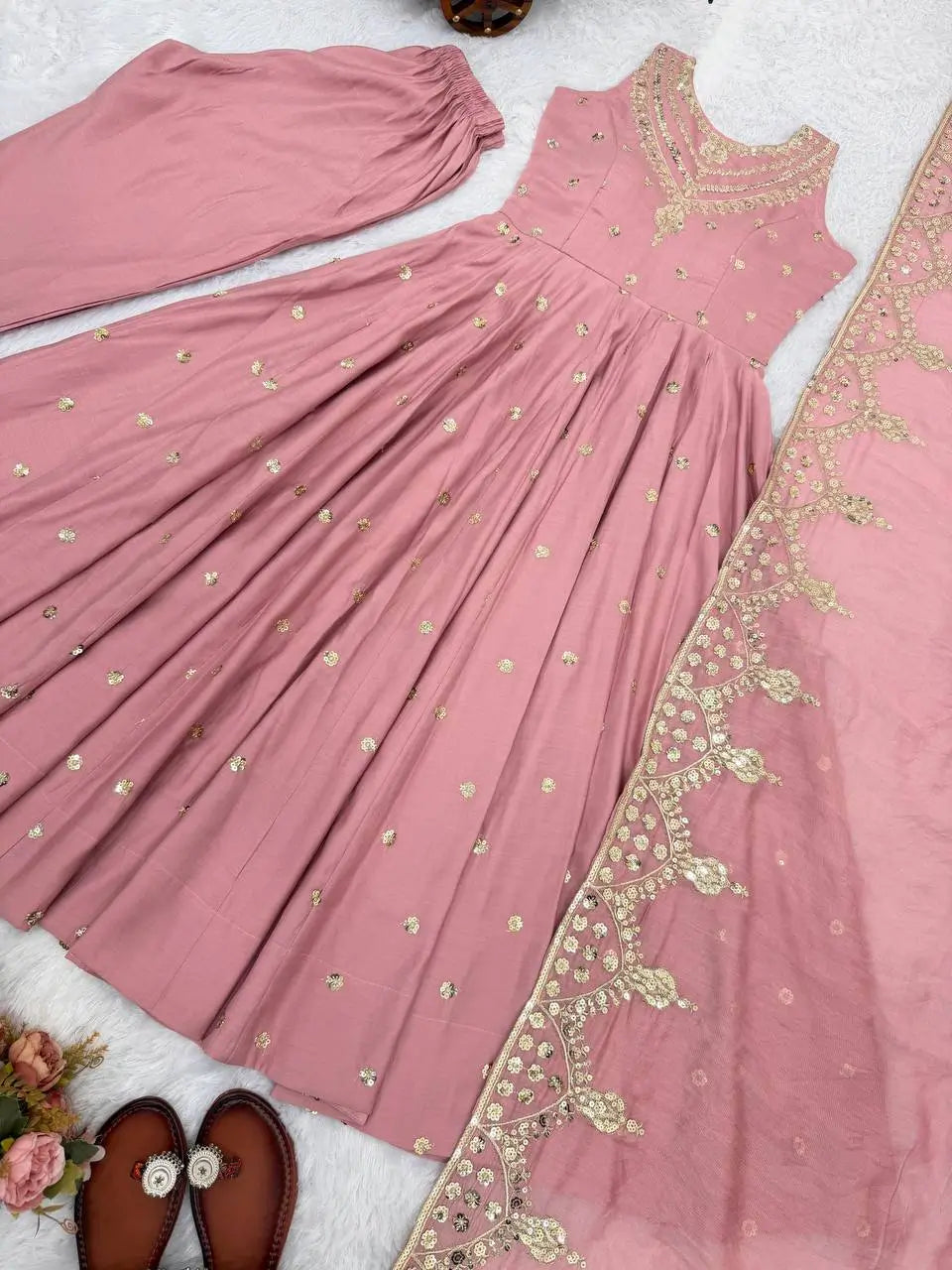 Roman Chanderi Silk Embroidered Anarkali Suit Set