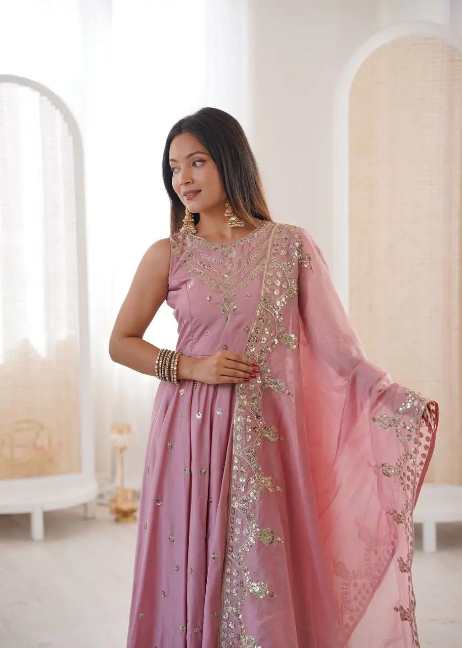 Roman Chanderi Silk Embroidered Anarkali Suit Set