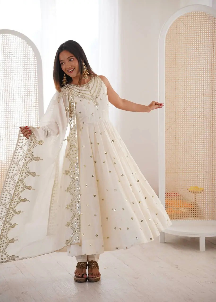 Roman Chanderi Silk Embroidered Anarkali Suit Set