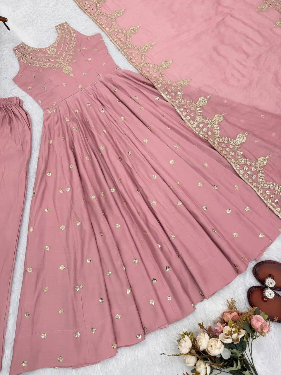Roman Chanderi Silk Embroidered Anarkali Suit Set