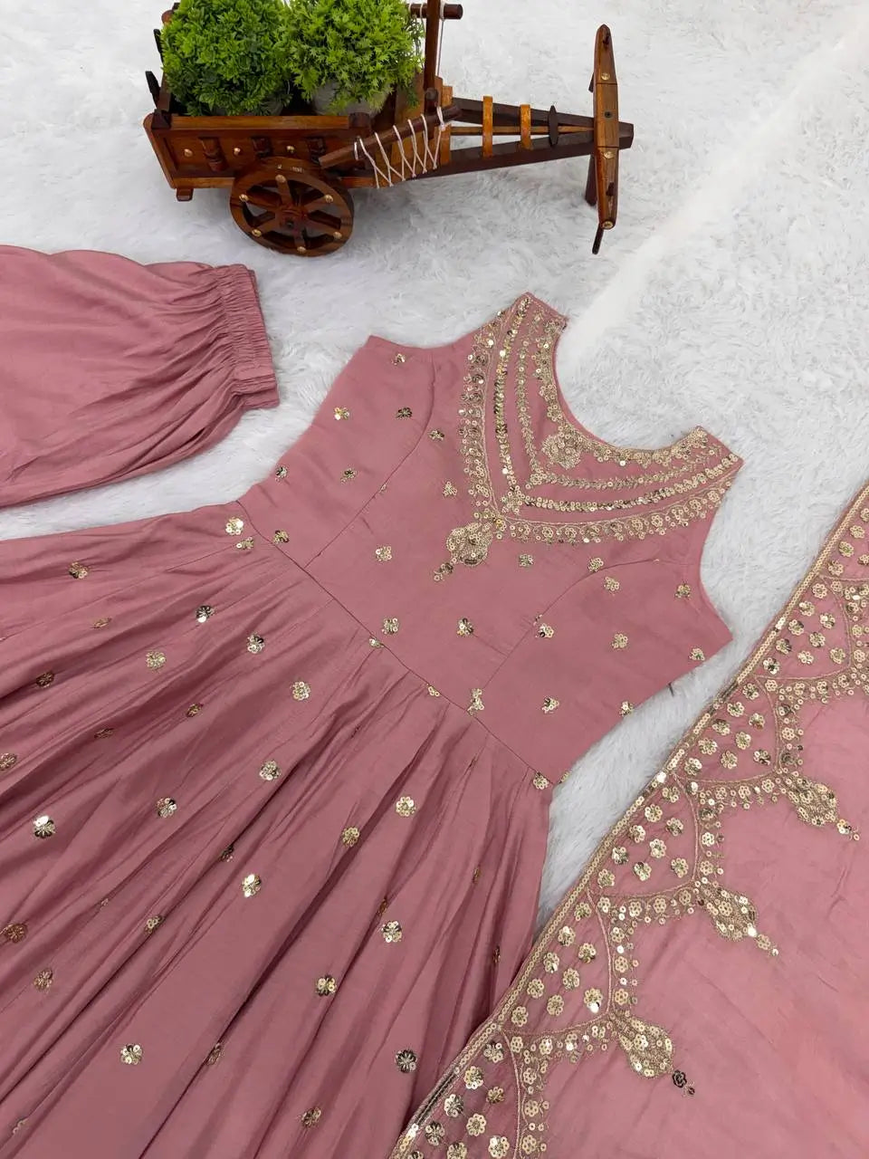 Roman Chanderi Silk Embroidered Anarkali Suit Set