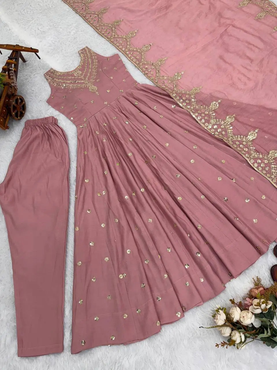 Roman Chanderi Silk Embroidered Anarkali Suit Set