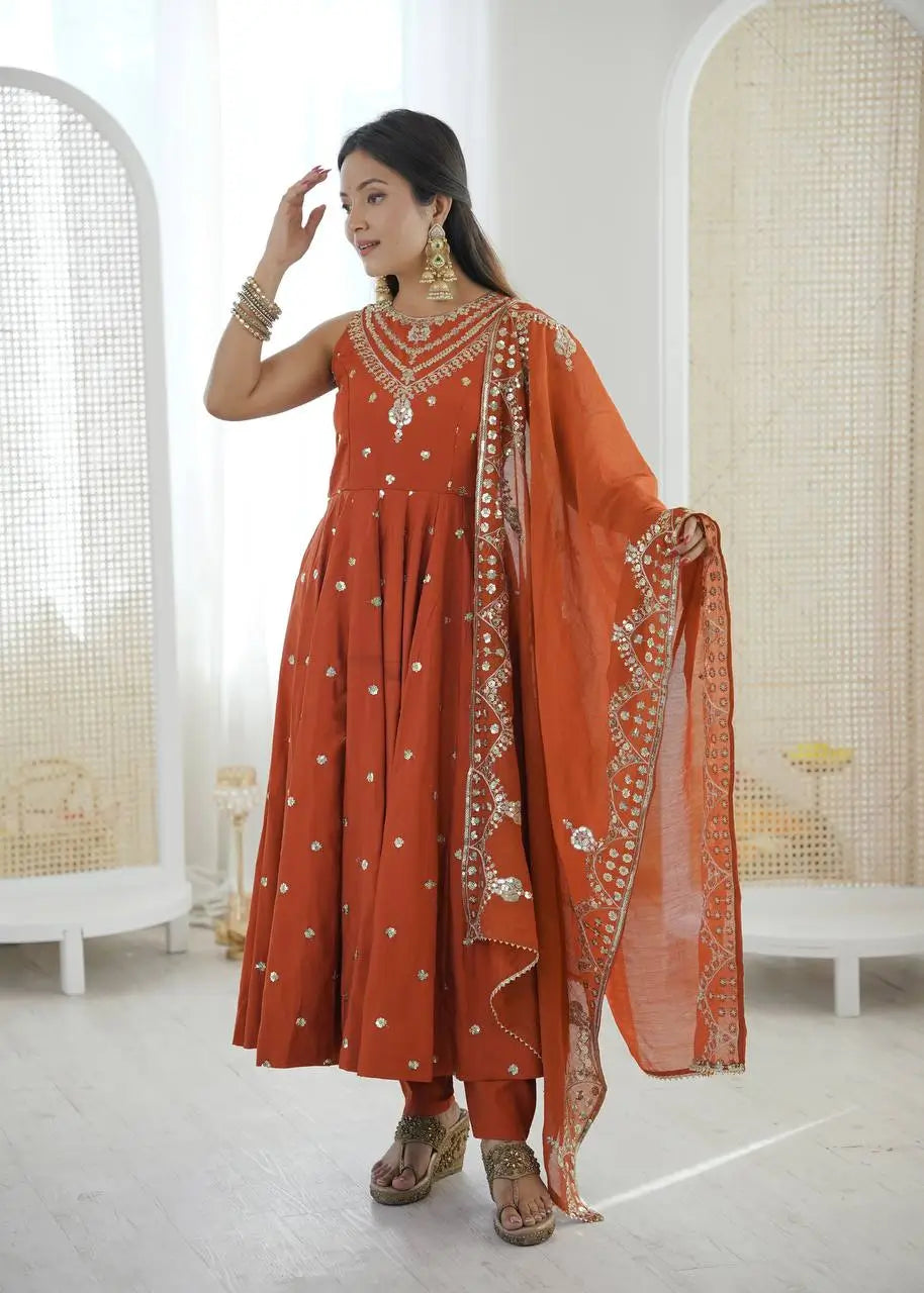 Roman Chanderi Silk Embroidered Anarkali Suit Set