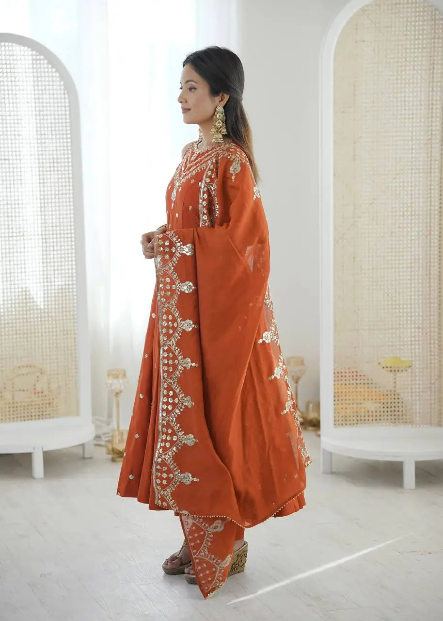 Roman Chanderi Silk Embroidered Anarkali Suit Set