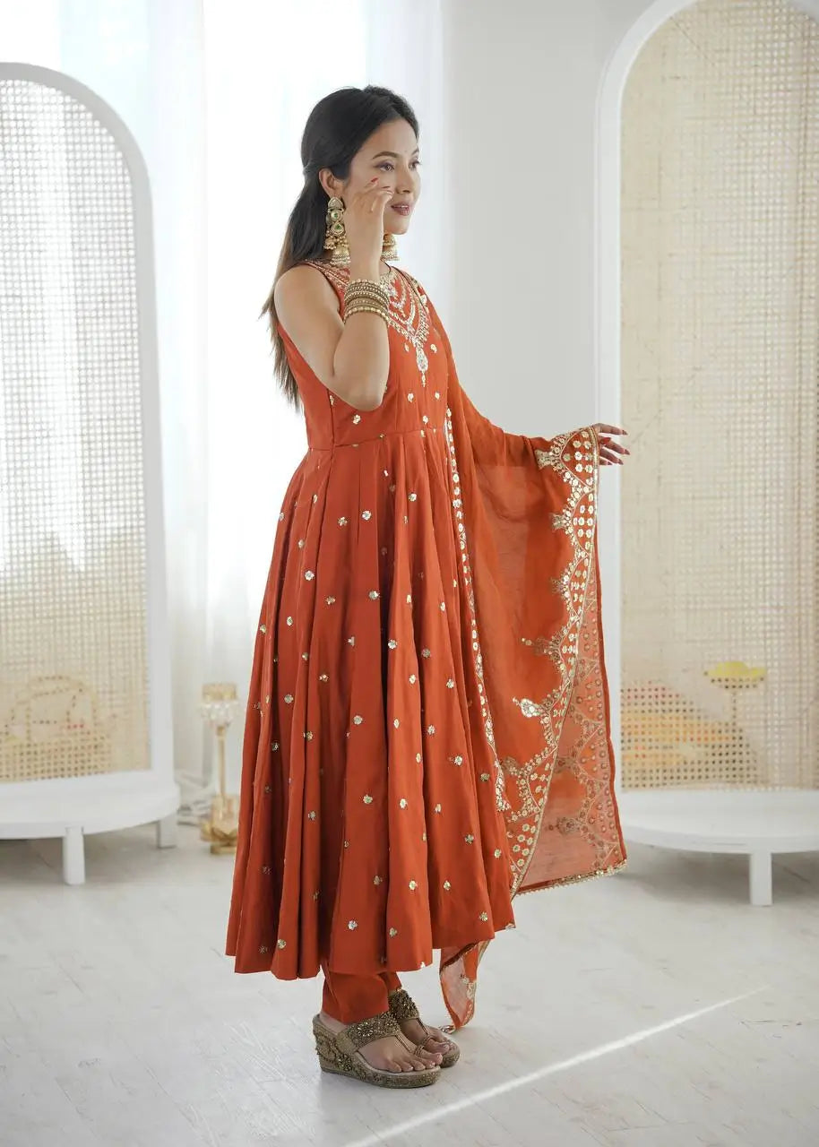 Roman Chanderi Silk Embroidered Anarkali Suit Set