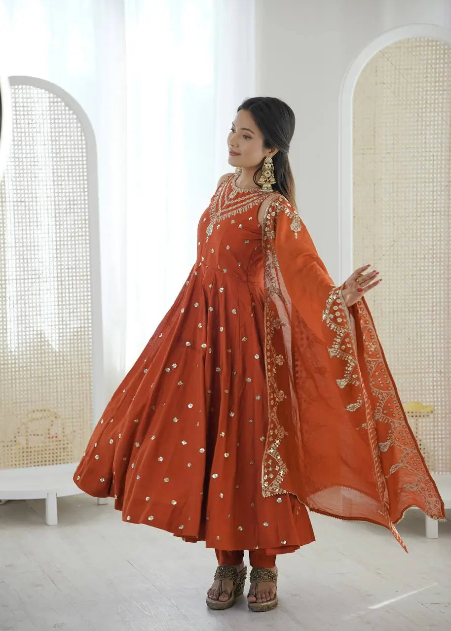 Roman Chanderi Silk Embroidered Anarkali Suit Set