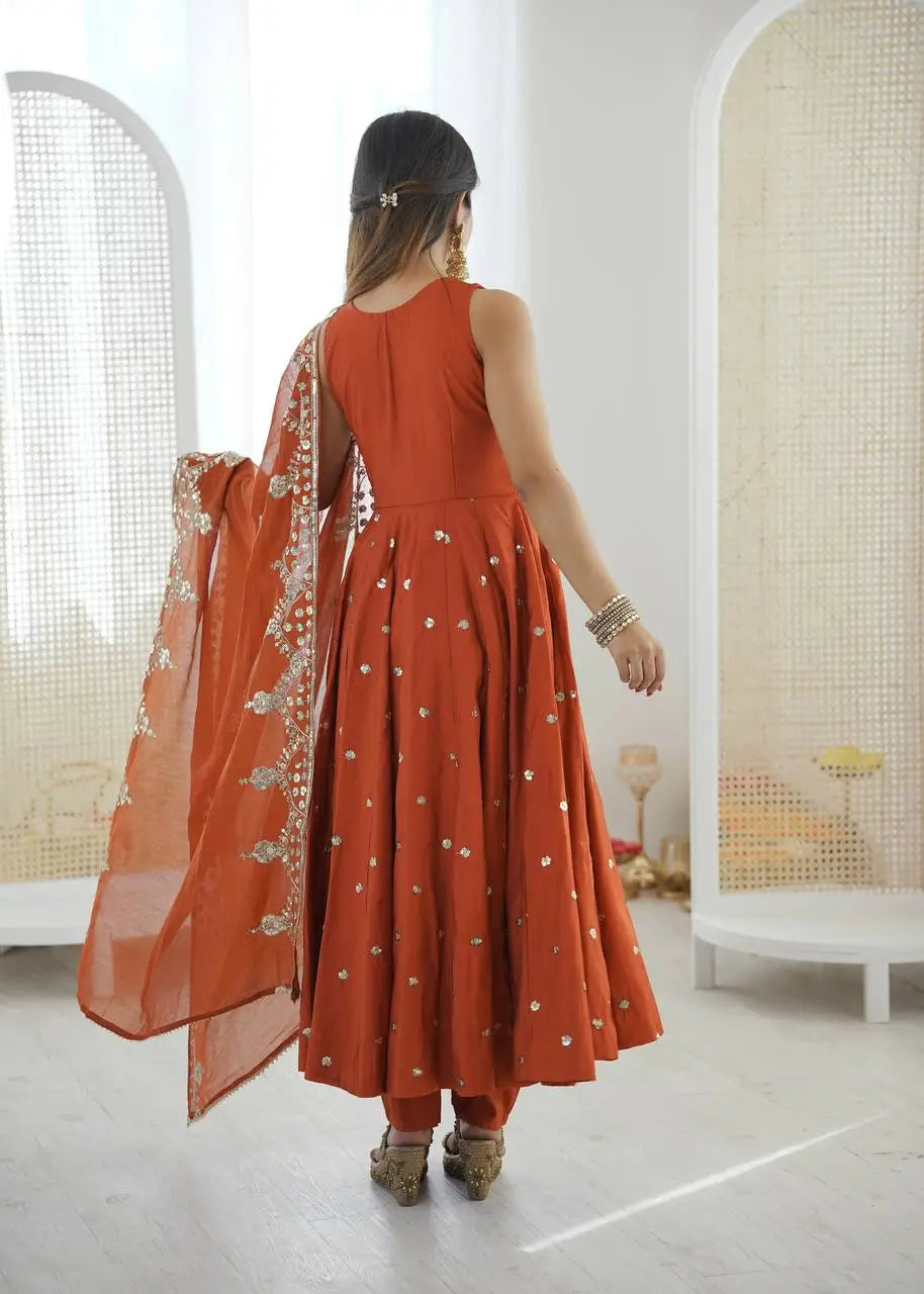 Roman Chanderi Silk Embroidered Anarkali Suit Set