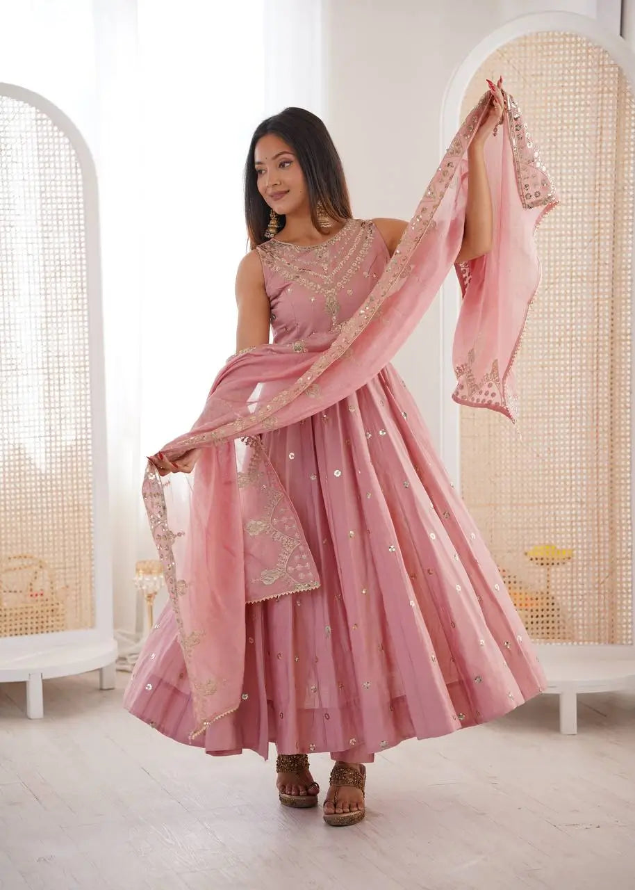 Roman Chanderi Silk Embroidered Anarkali Suit Set