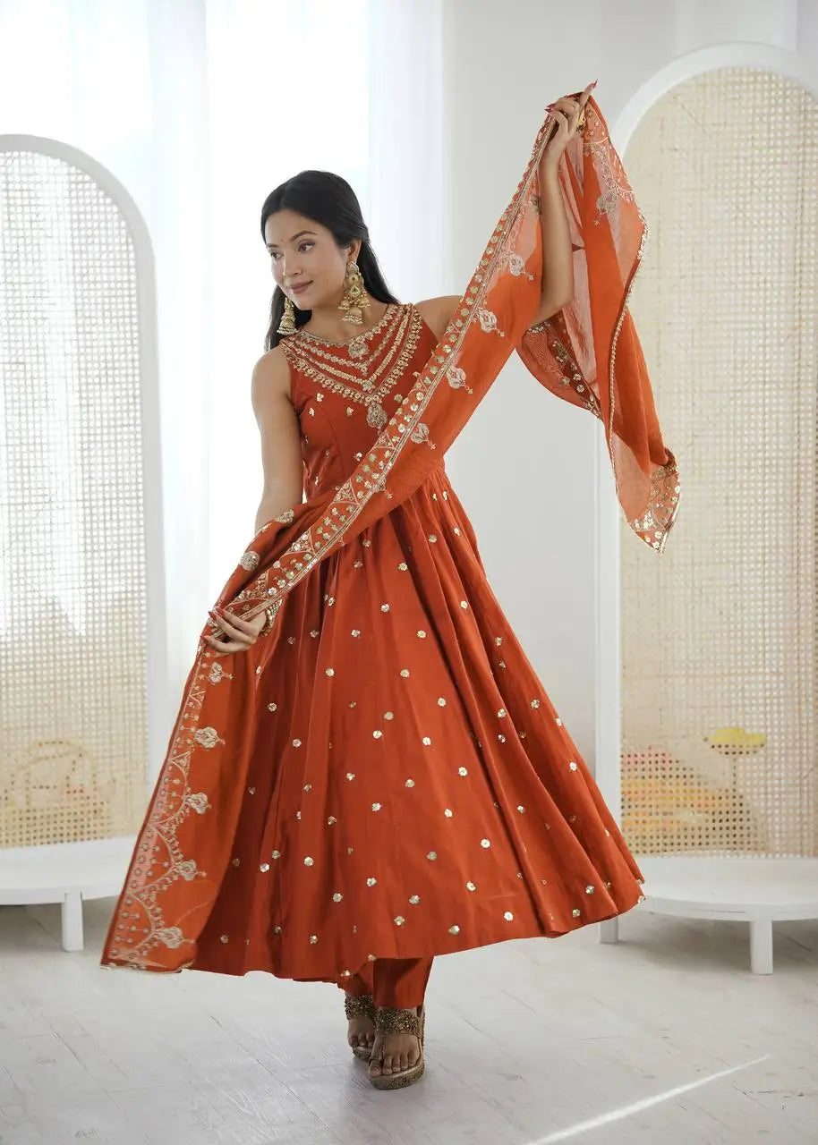 Roman Chanderi Silk Embroidered Anarkali Suit Set