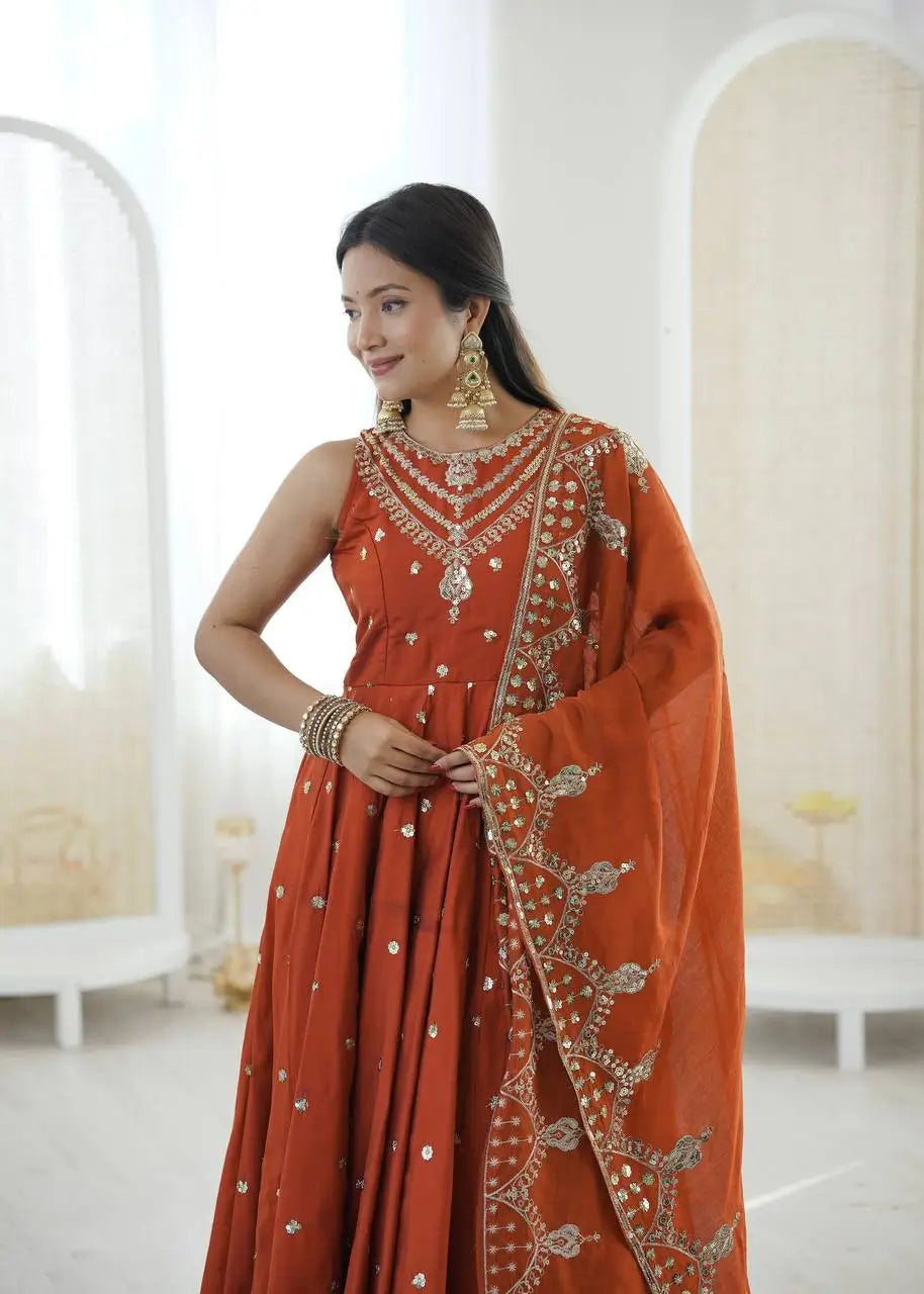 Roman Chanderi Silk Embroidered Anarkali Suit Set