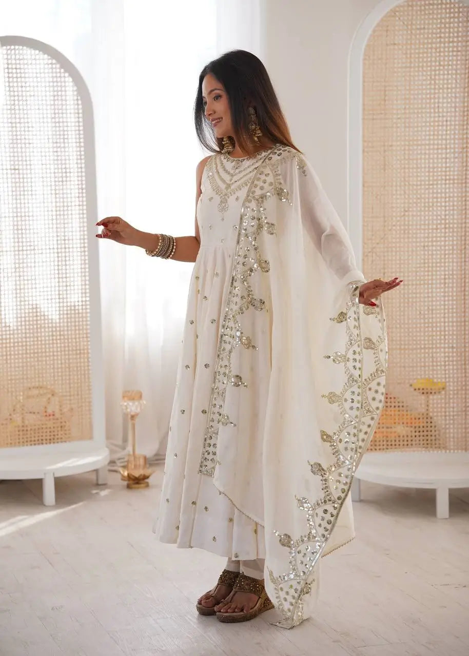 Roman Chanderi Silk Embroidered Anarkali Suit Set