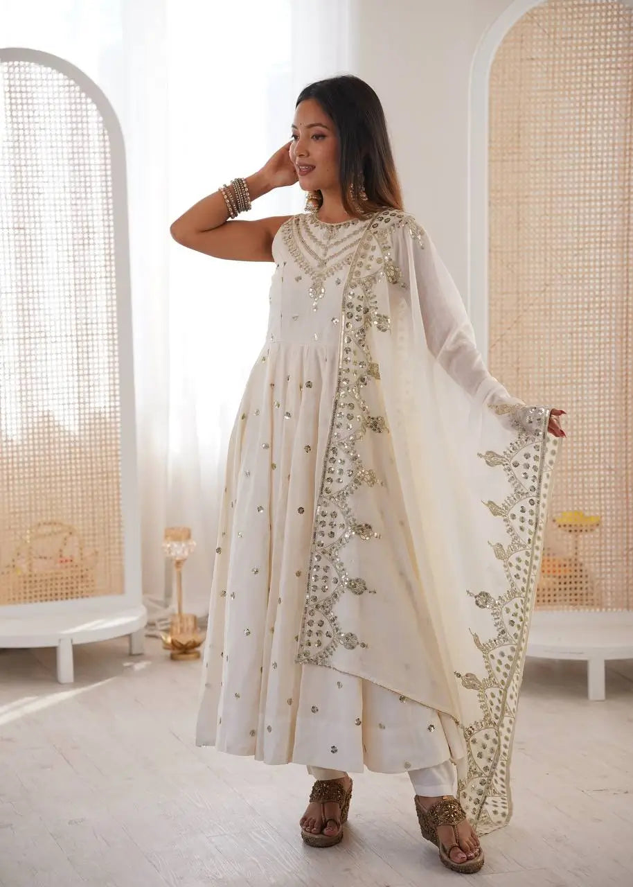 Roman Chanderi Silk Embroidered Anarkali Suit Set