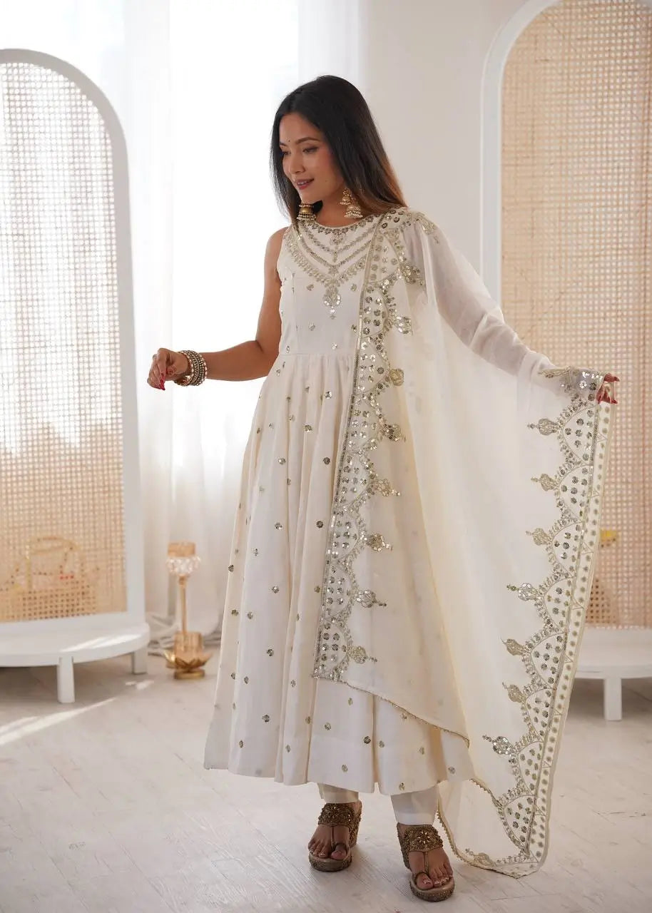 Roman Chanderi Silk Embroidered Anarkali Suit Set