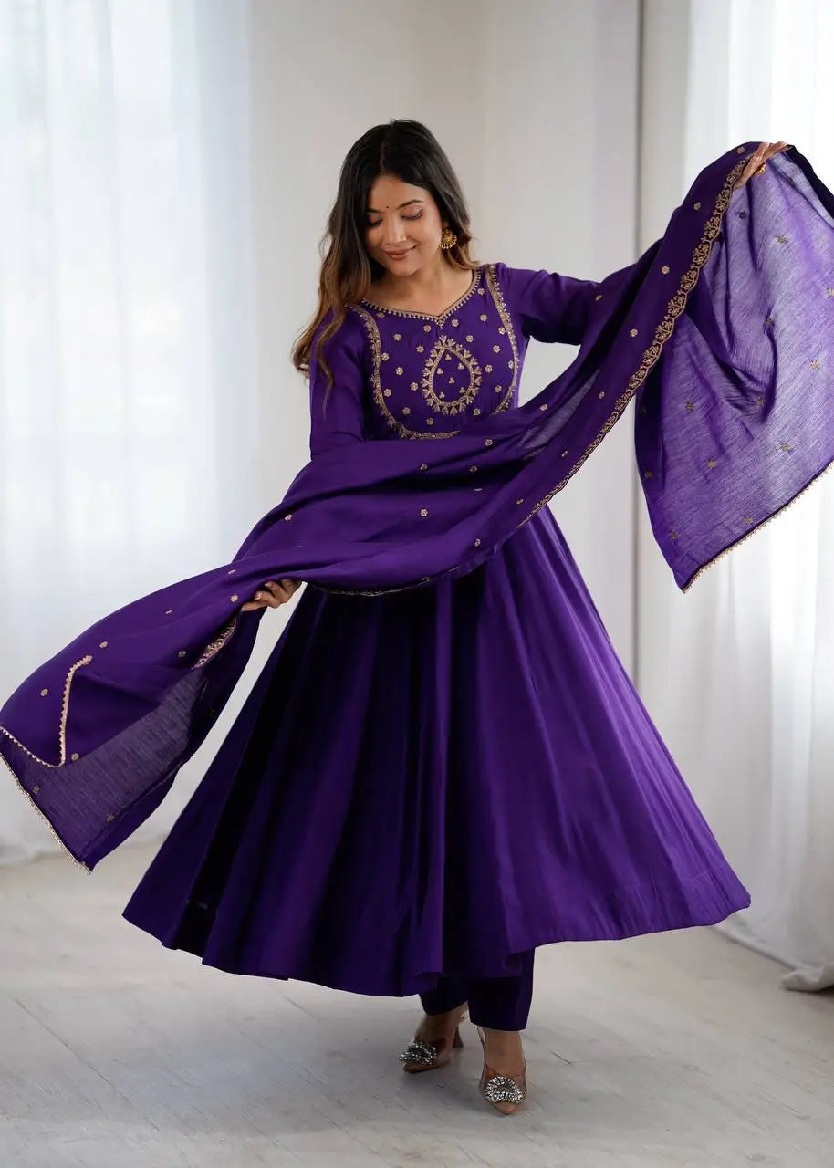 Roman Chanderi Silk Embroidered Anarkali Suit Set