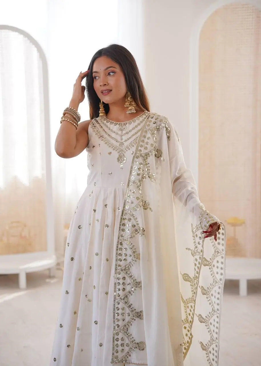 Roman Chanderi Silk Embroidered Anarkali Suit Set