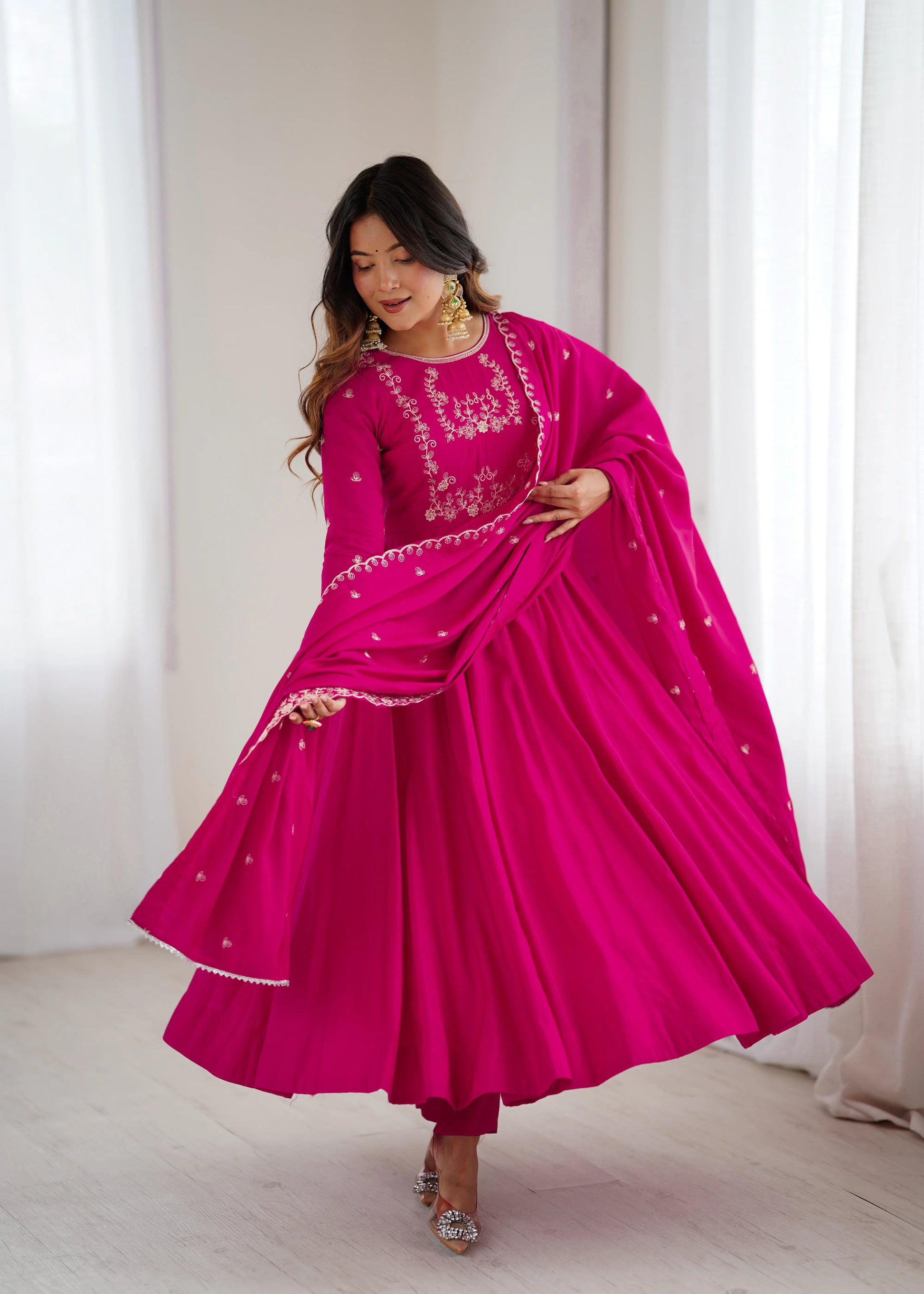 Roman Chanderi Silk Embroidered Anarkali Suit Set