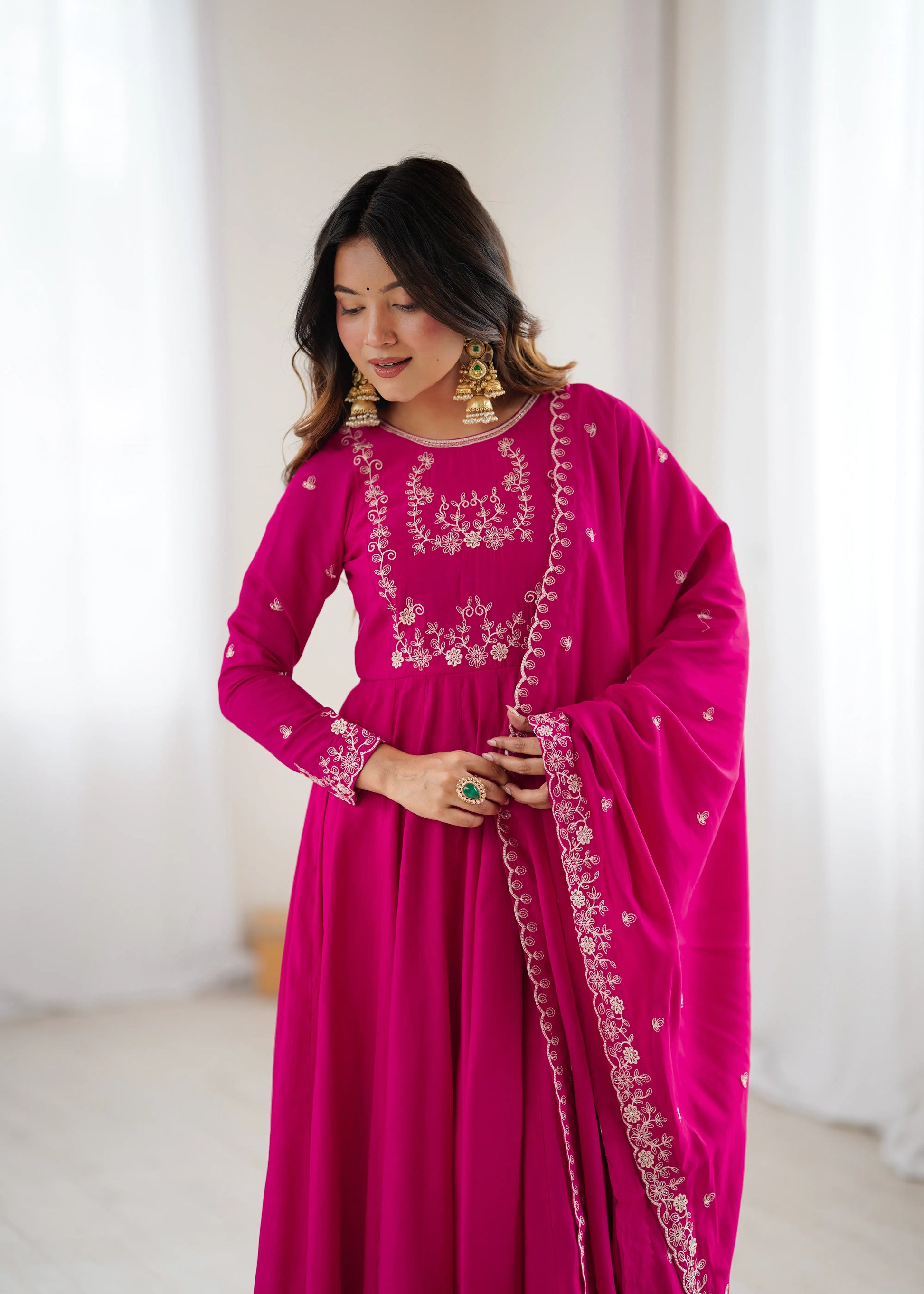 Roman Chanderi Silk Embroidered Anarkali Suit Set