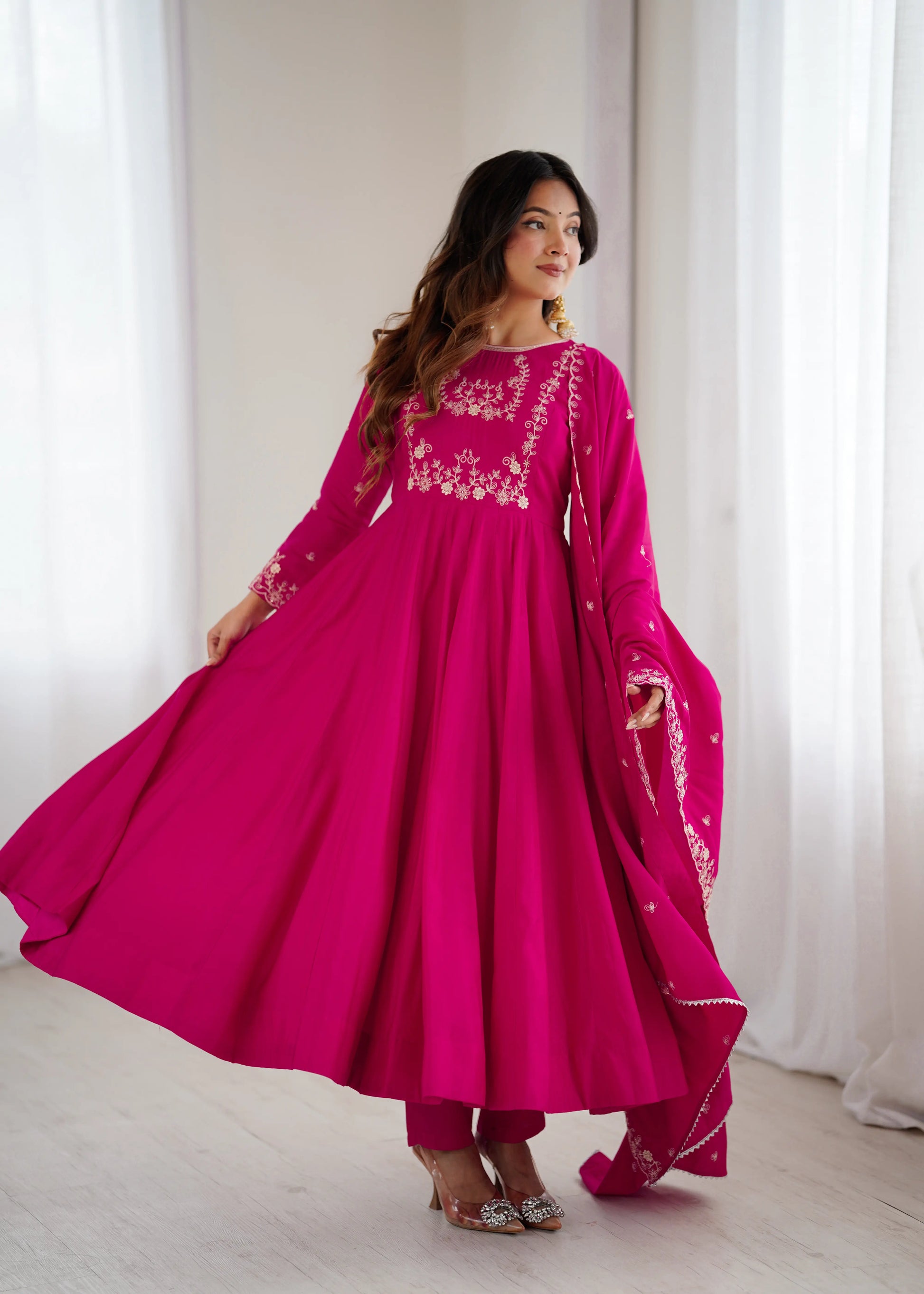 Roman Chanderi Silk Embroidered Anarkali Suit Set