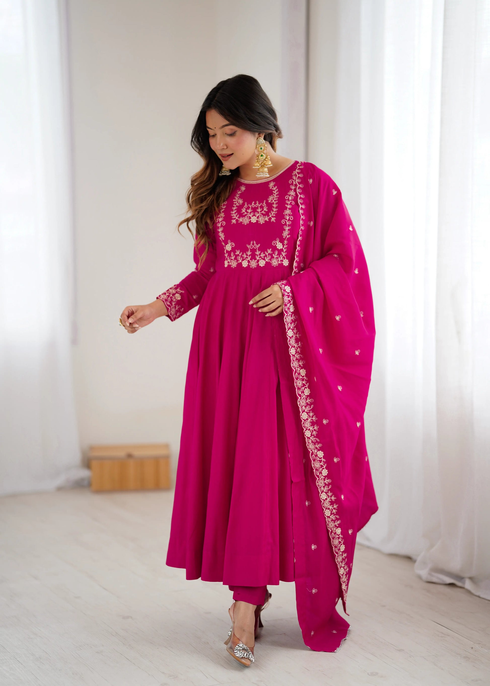 Roman Chanderi Silk Embroidered Anarkali Suit Set
