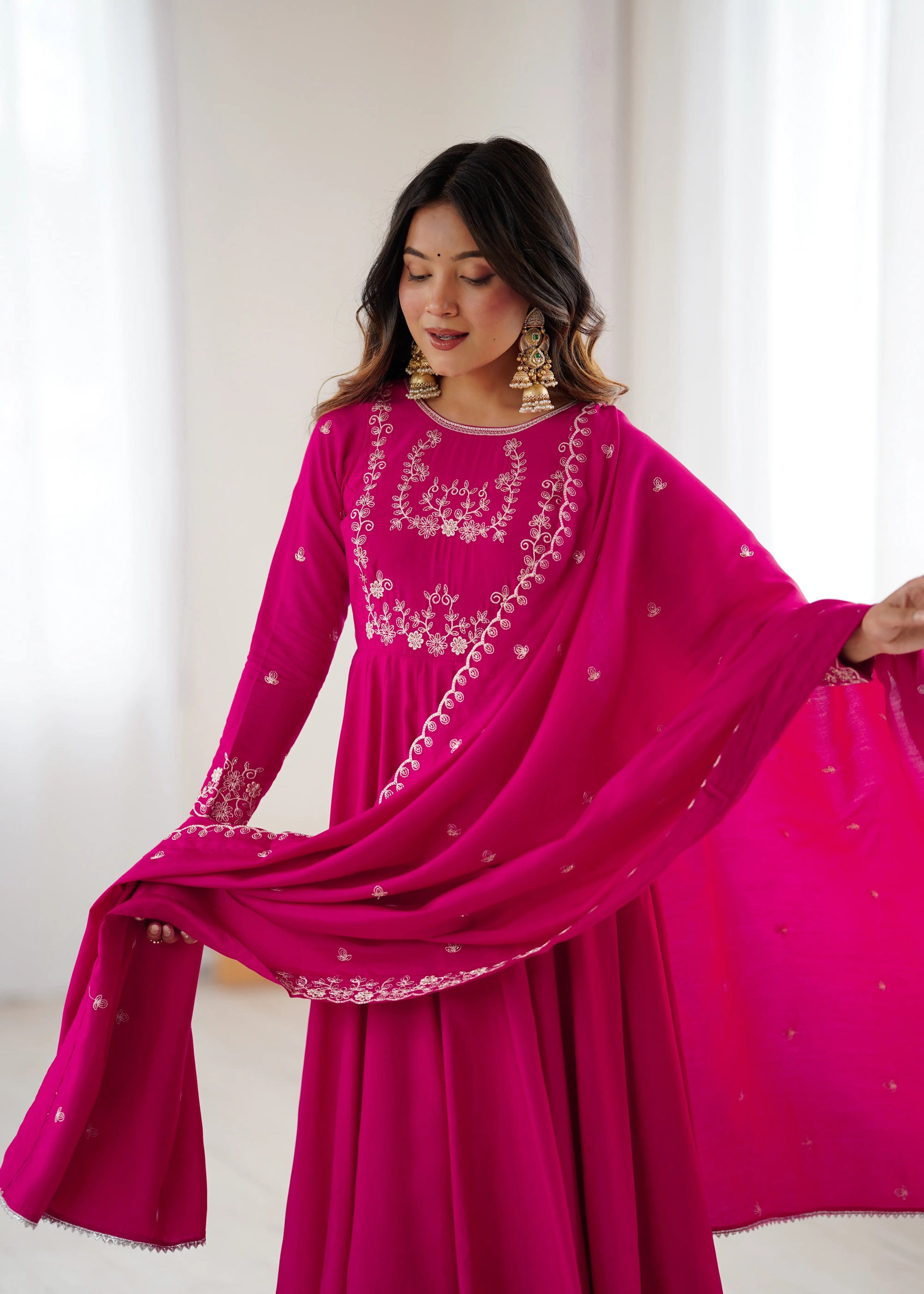 Roman Chanderi Silk Embroidered Anarkali Suit Set
