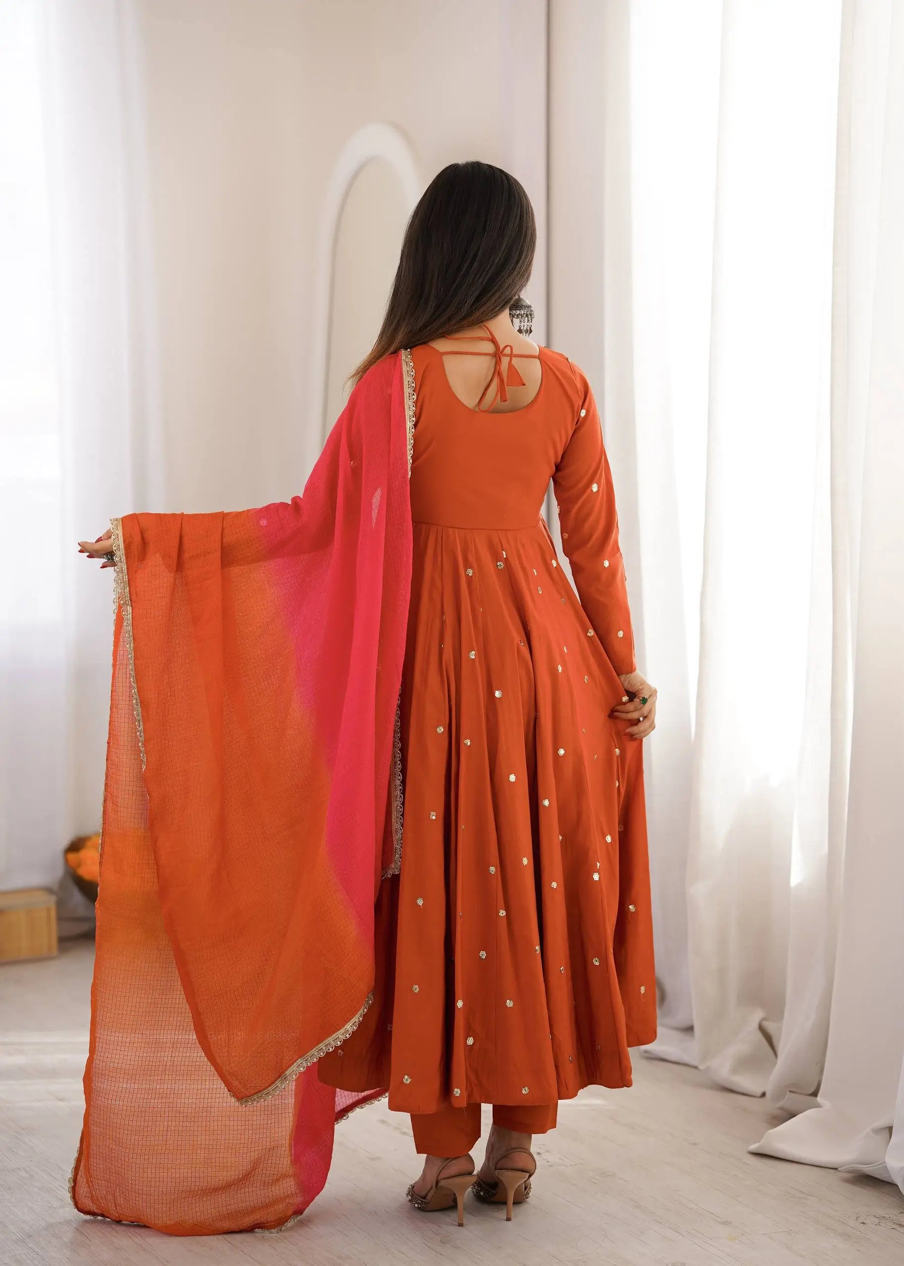 Roman Silk Anarkali Set with Mirror Work