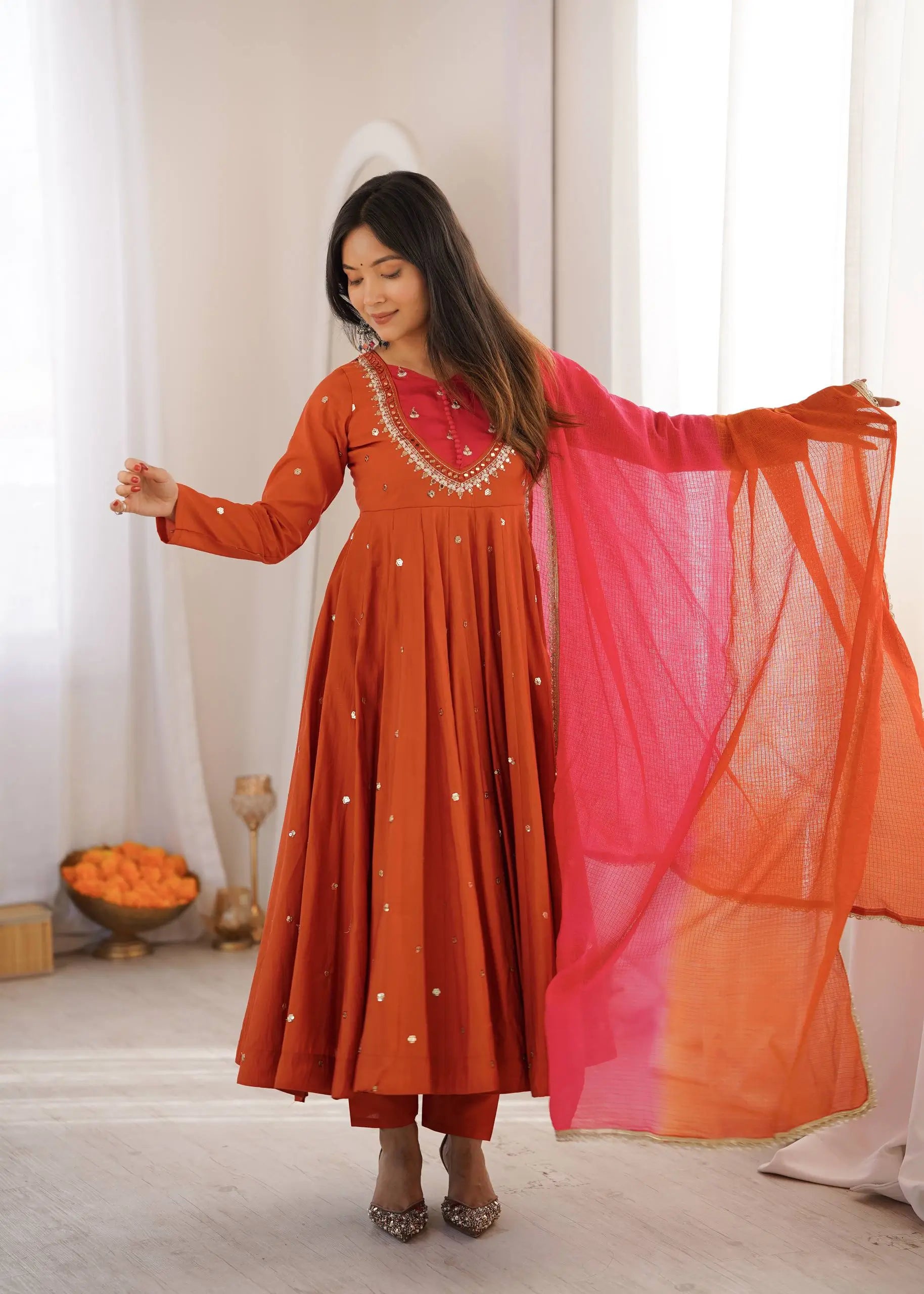 Roman Silk Anarkali Set with Mirror Work
