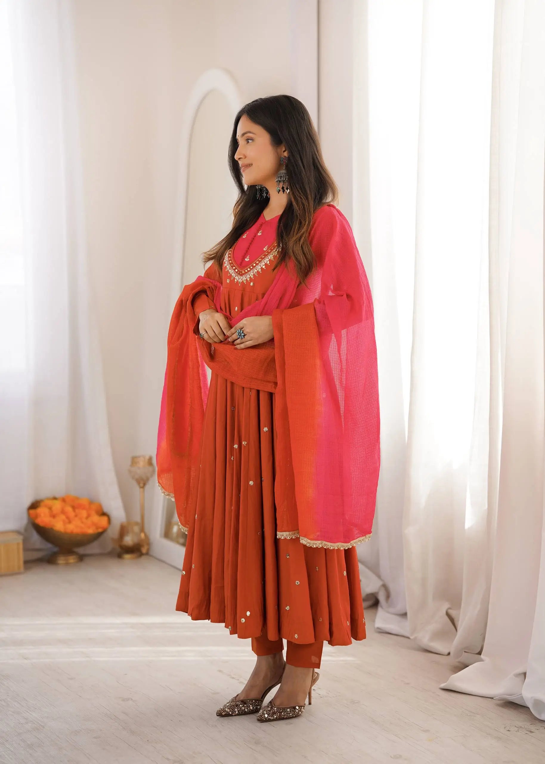 Roman Silk Anarkali Set with Mirror Work
