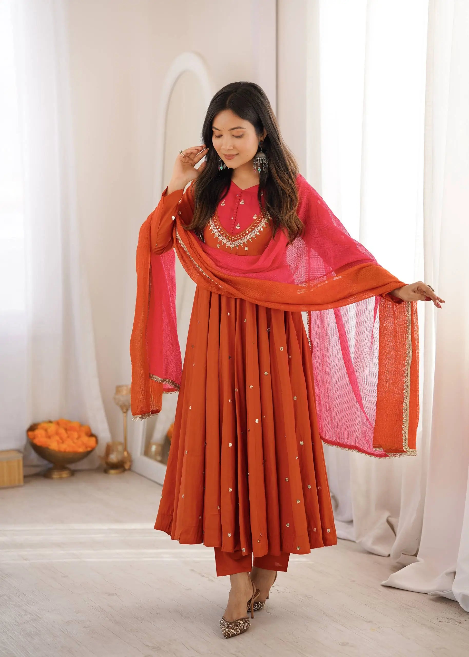 Roman Silk Anarkali Set with Mirror Work