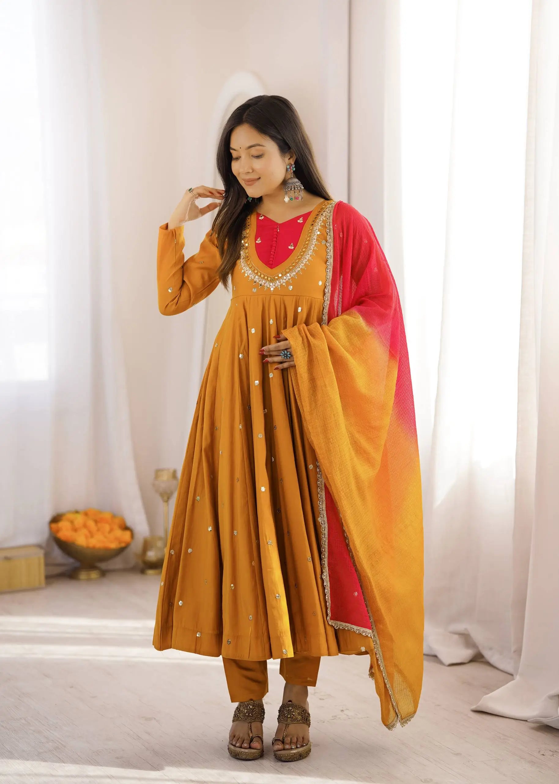 Roman Silk Anarkali Set with Mirror Work