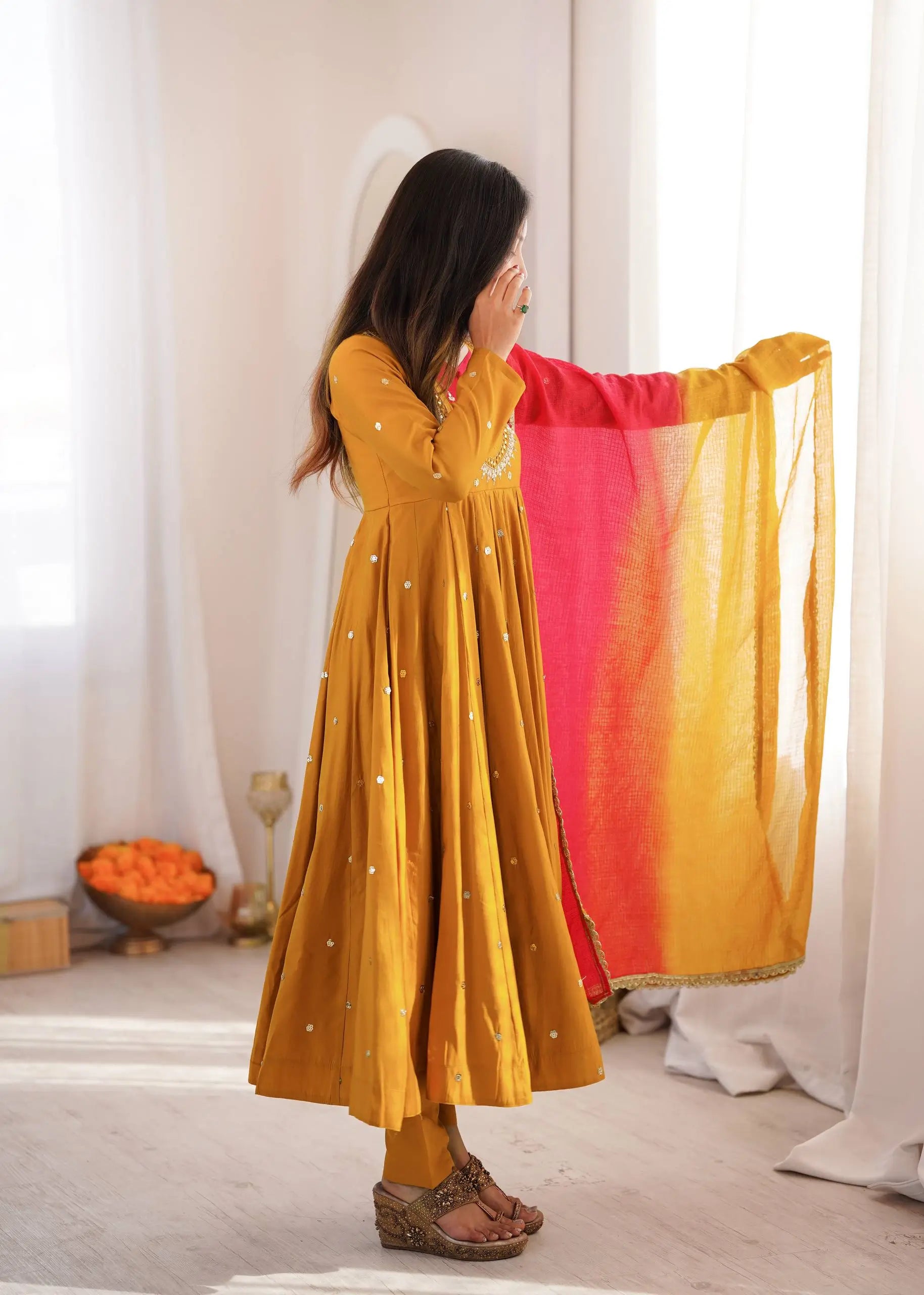 Roman Silk Anarkali Set with Mirror Work