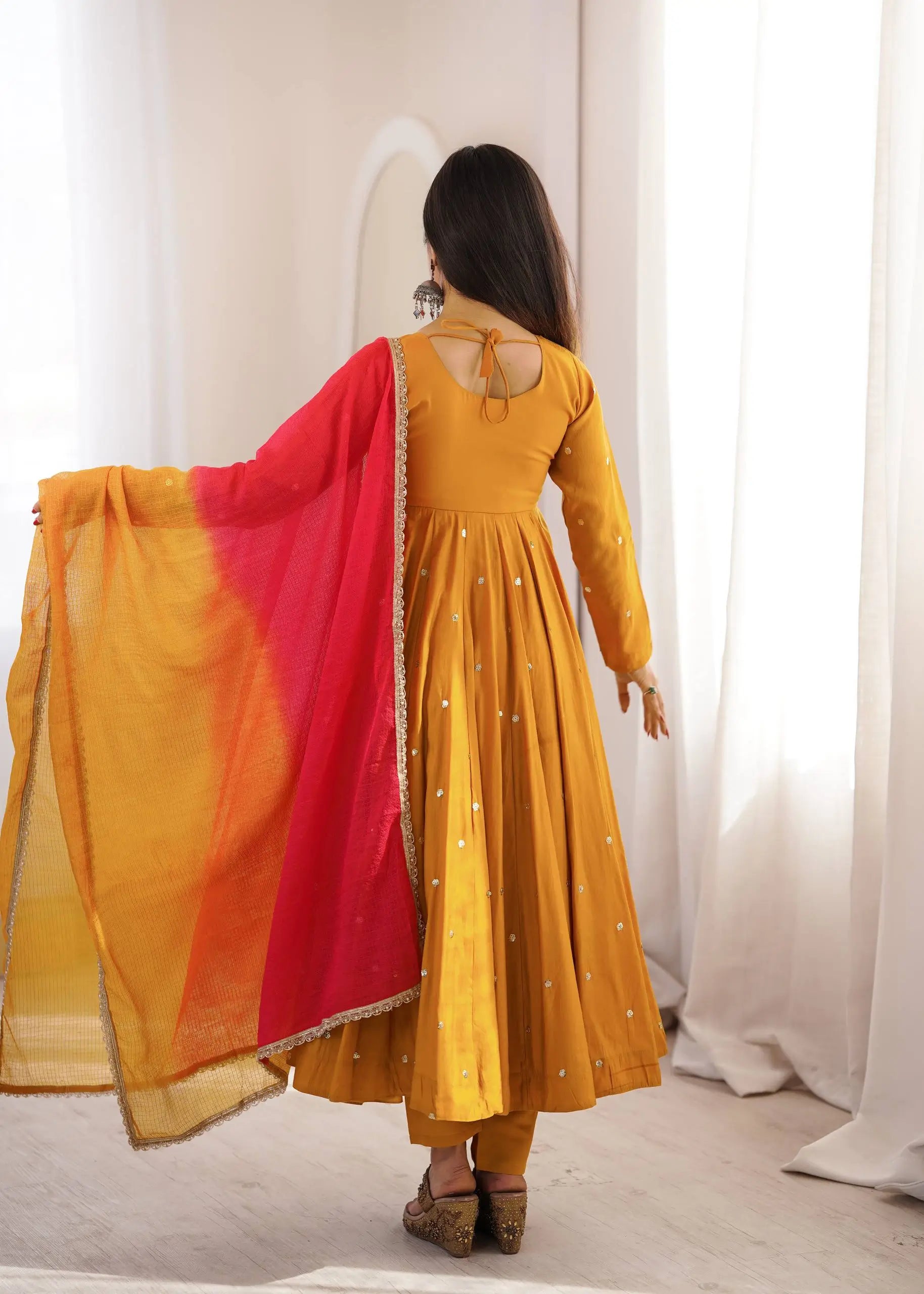 Roman Silk Anarkali Set with Mirror Work