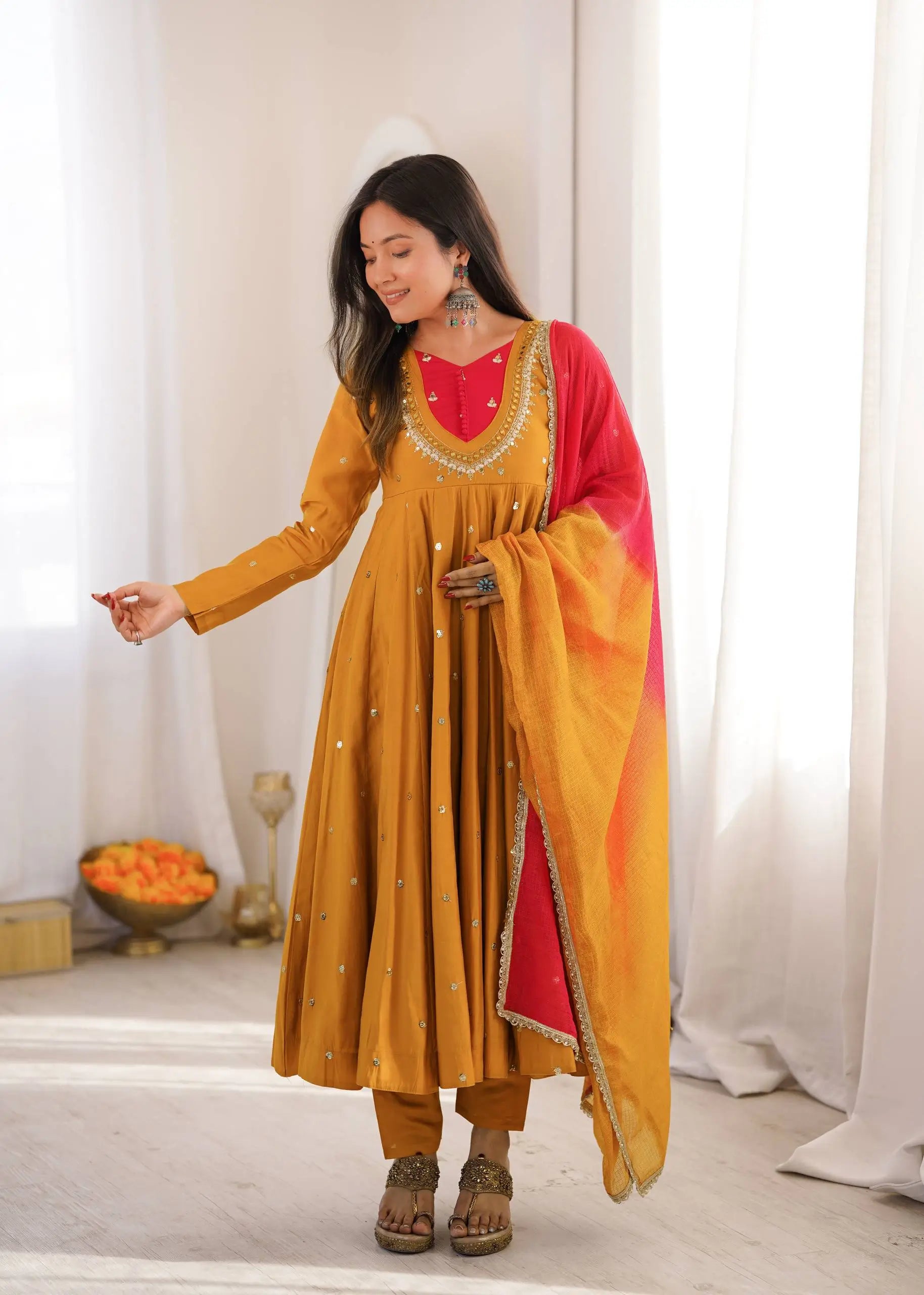 Roman Silk Anarkali Set with Mirror Work