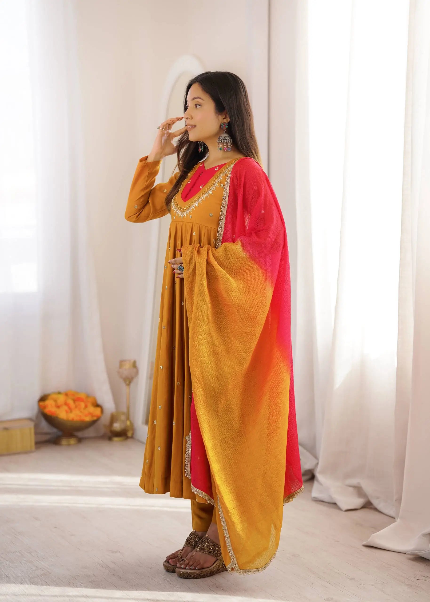 Roman Silk Anarkali Set with Mirror Work