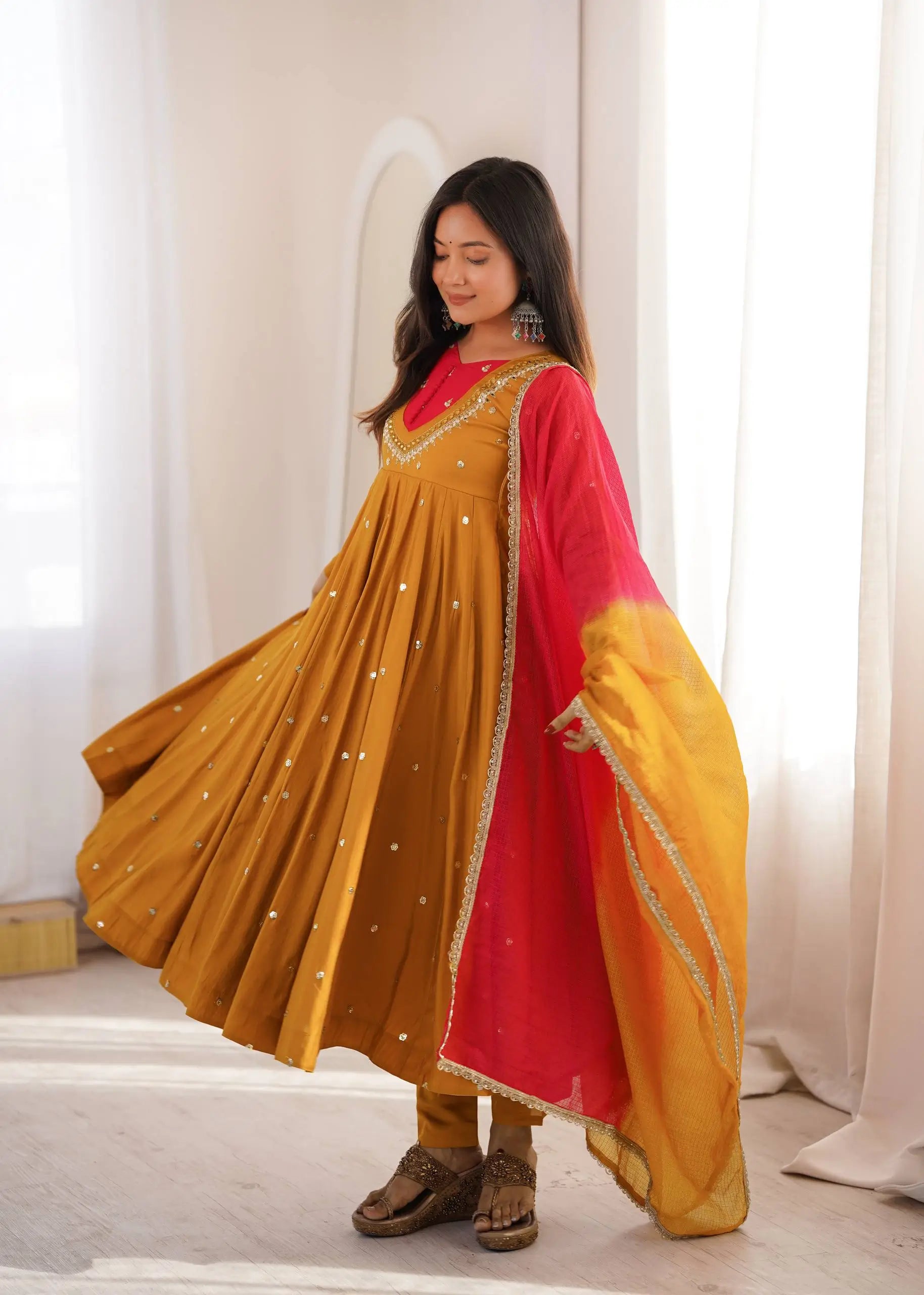 Roman Silk Anarkali Set with Mirror Work