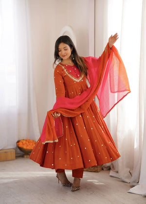 Roman Silk Anarkali Set with Mirror Work