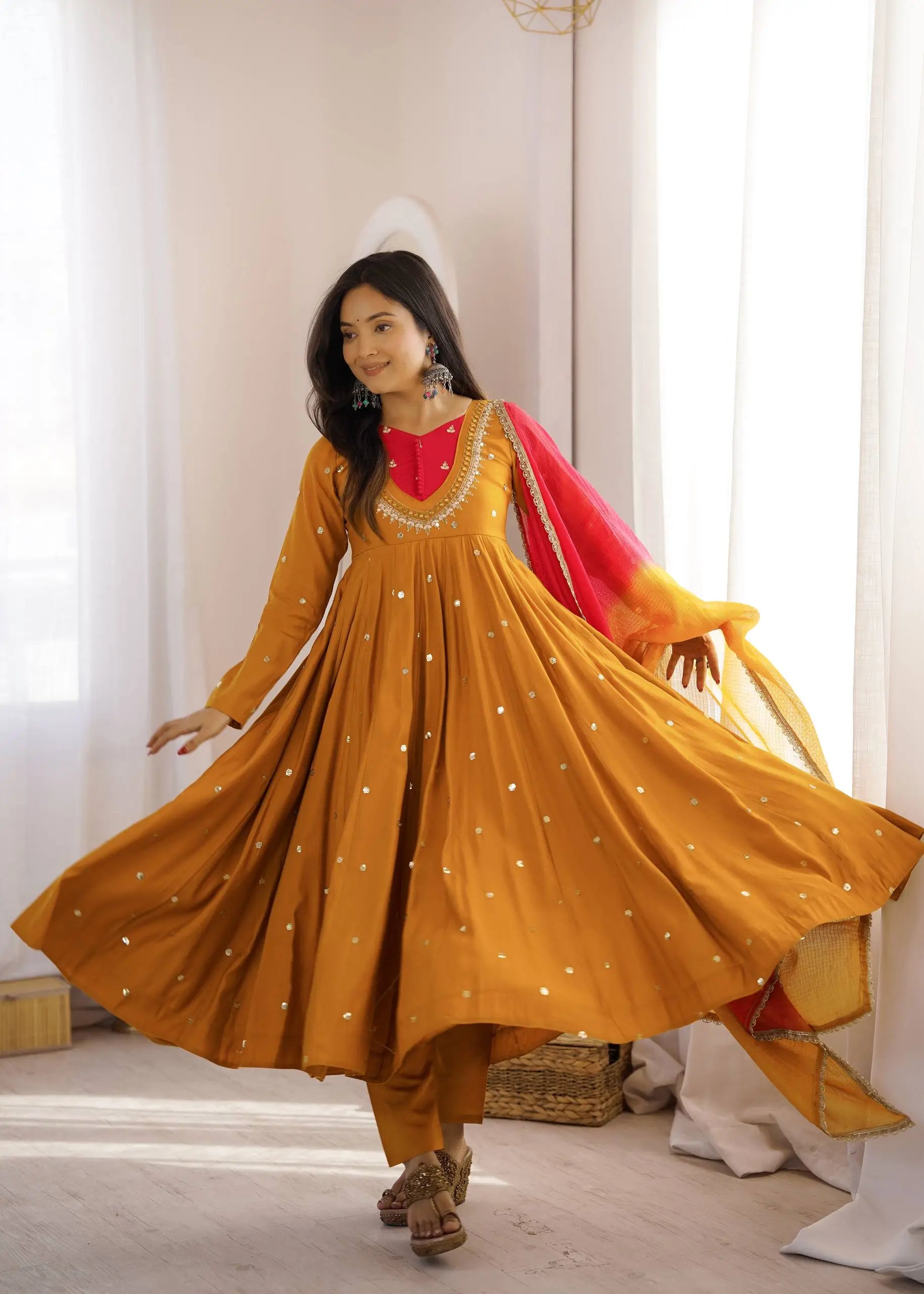 Roman Silk Anarkali Set with Mirror Work